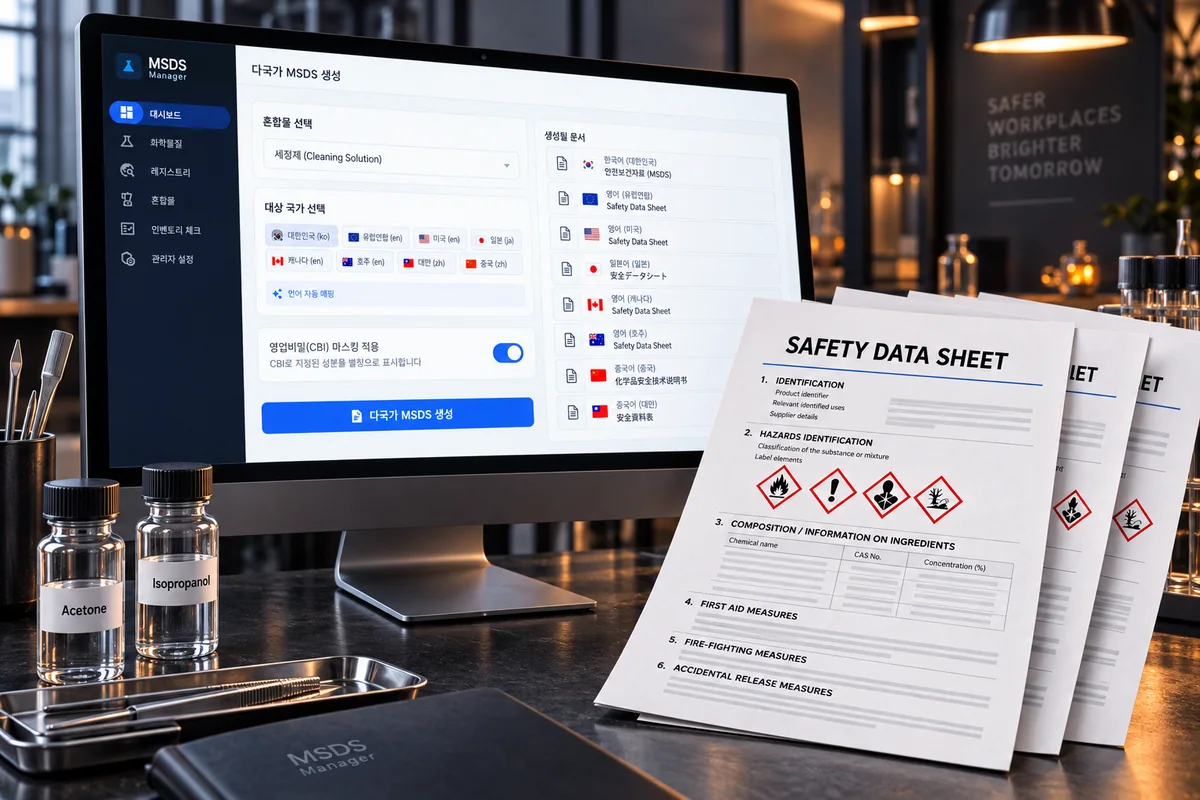 MSDS Manager 화면과 안전 데이터 시트로 구성한 홍보 이미지